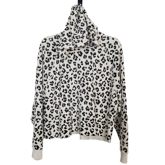 Lucky Brand Sz Large Women's Hooded Cropped Shirt Rolled Hem Animal Print Cream - Picture 1 of 9